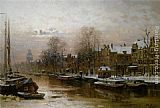 Covered Canvas Paintings - Snow covered barges on the Singel Amsterdam